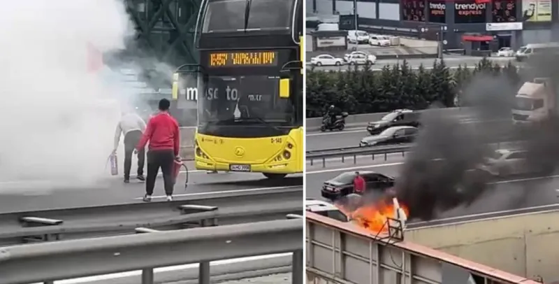 Basın Ekspres'te Araç Alevlere Esir Oldu! Trafik Kilit!